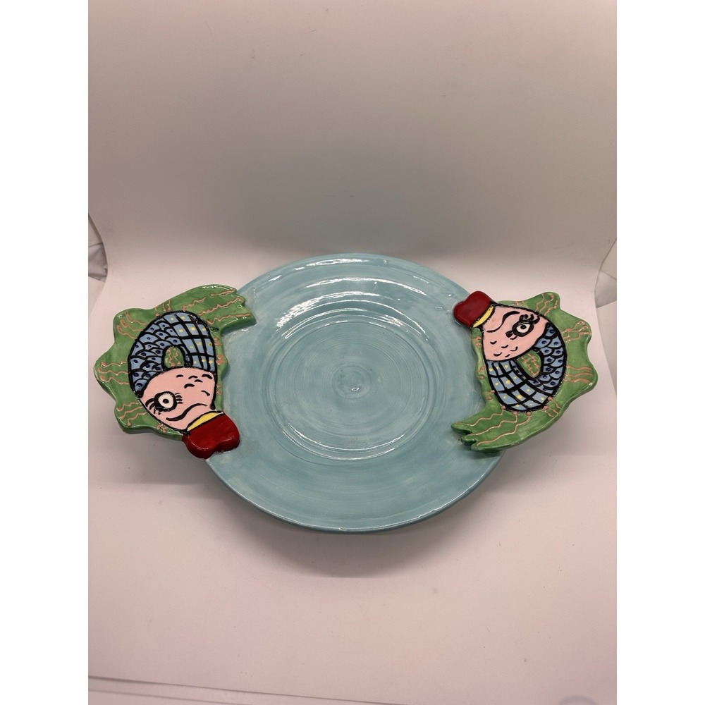 Whimsical Fish Platter Signed R Terrell Handmade‎ Ceramic Pottery 12" Aqua